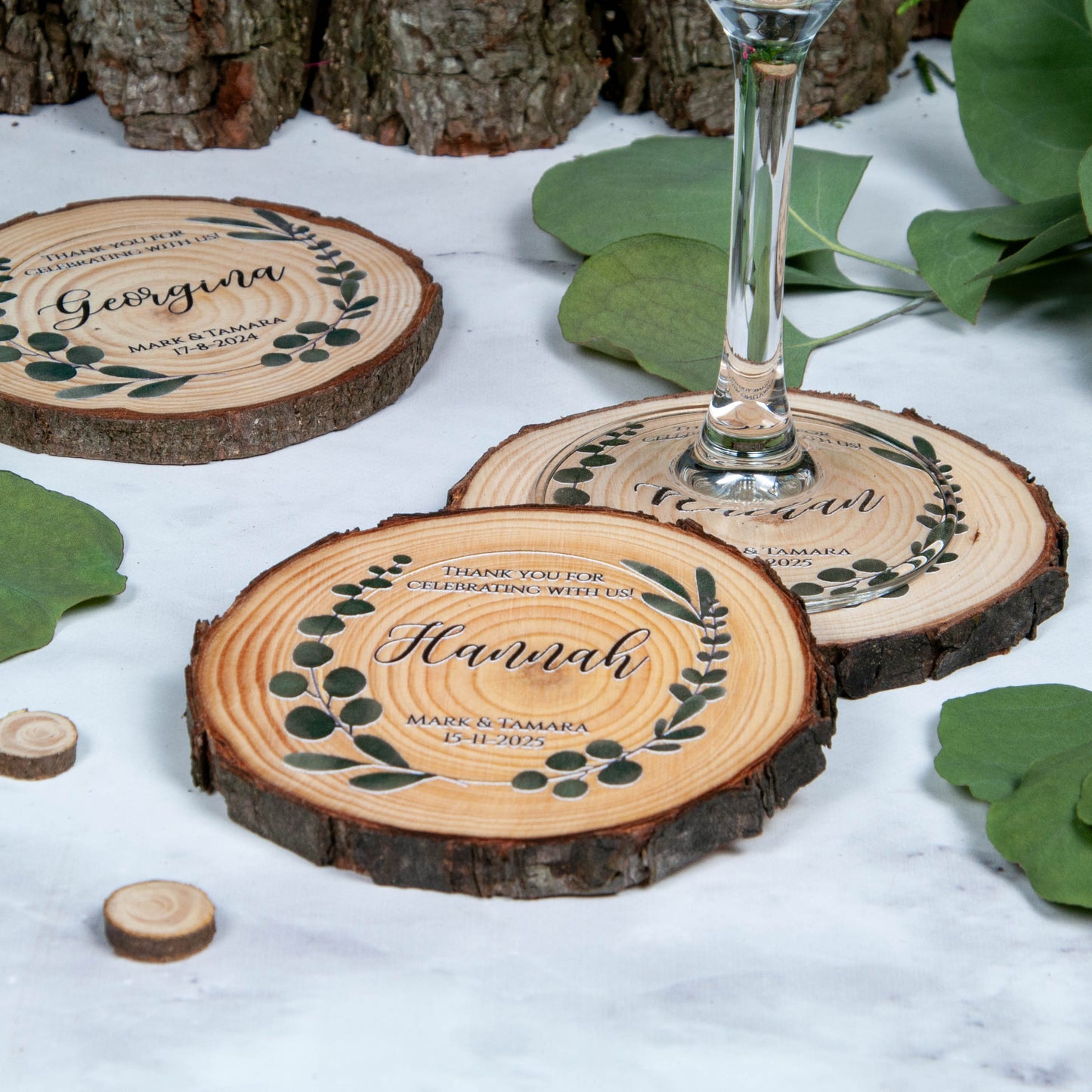 Australian bluegum design printed on wood slice coasters
