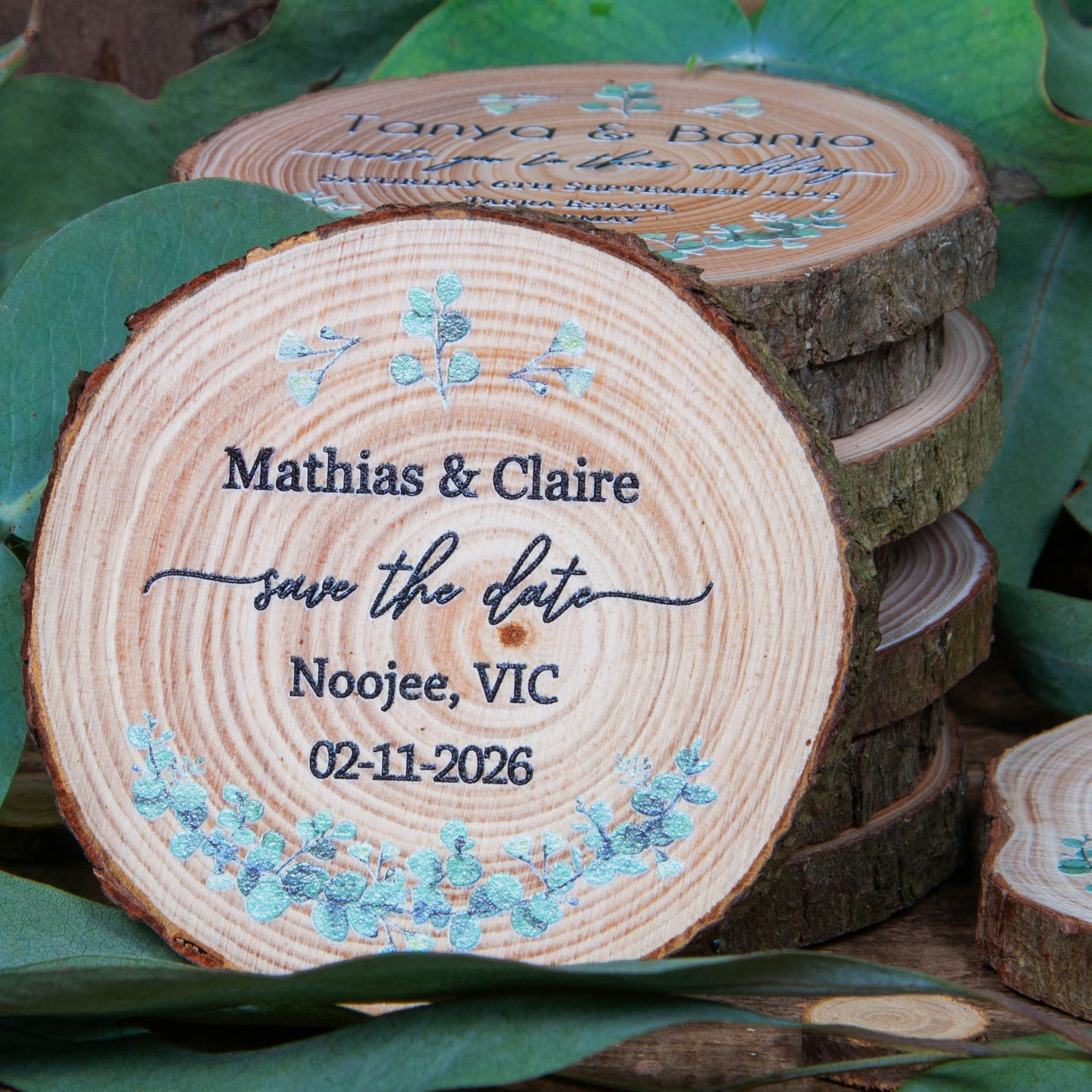 unique eucalyptus save the date wood slices