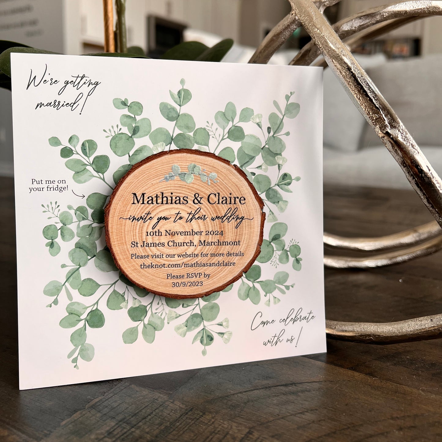 wood slice eucalyptus card invite standing up