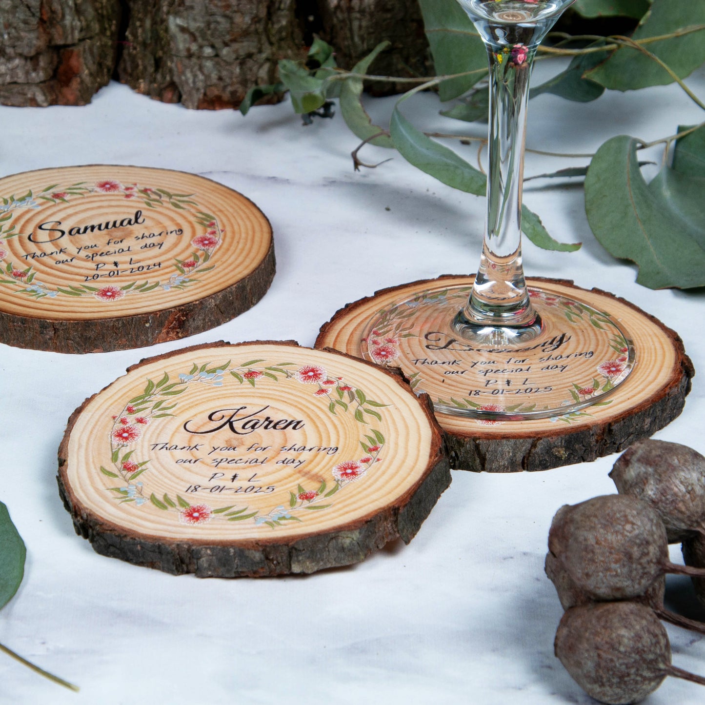 Flowering gum eucalyptus wedding style wood slice coasters