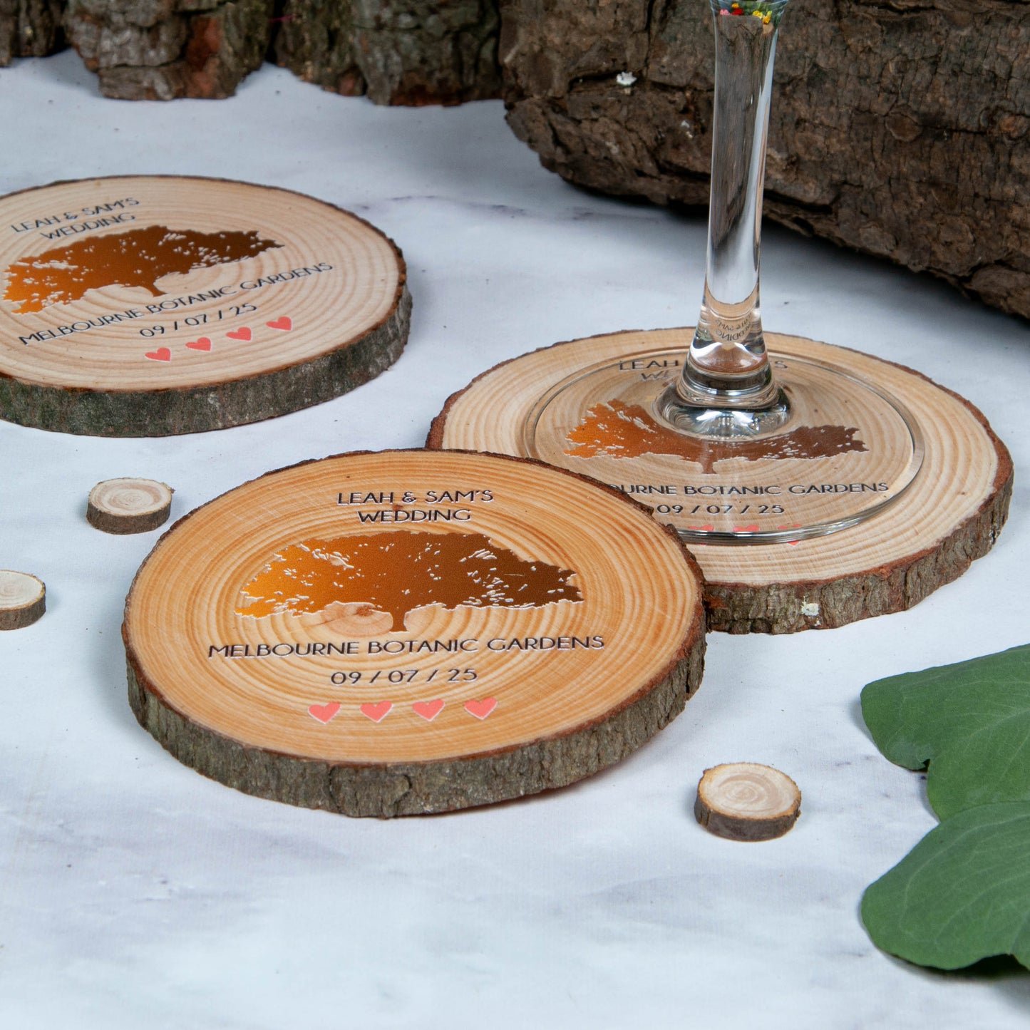 Gold tree wedding favour coasters wood slices