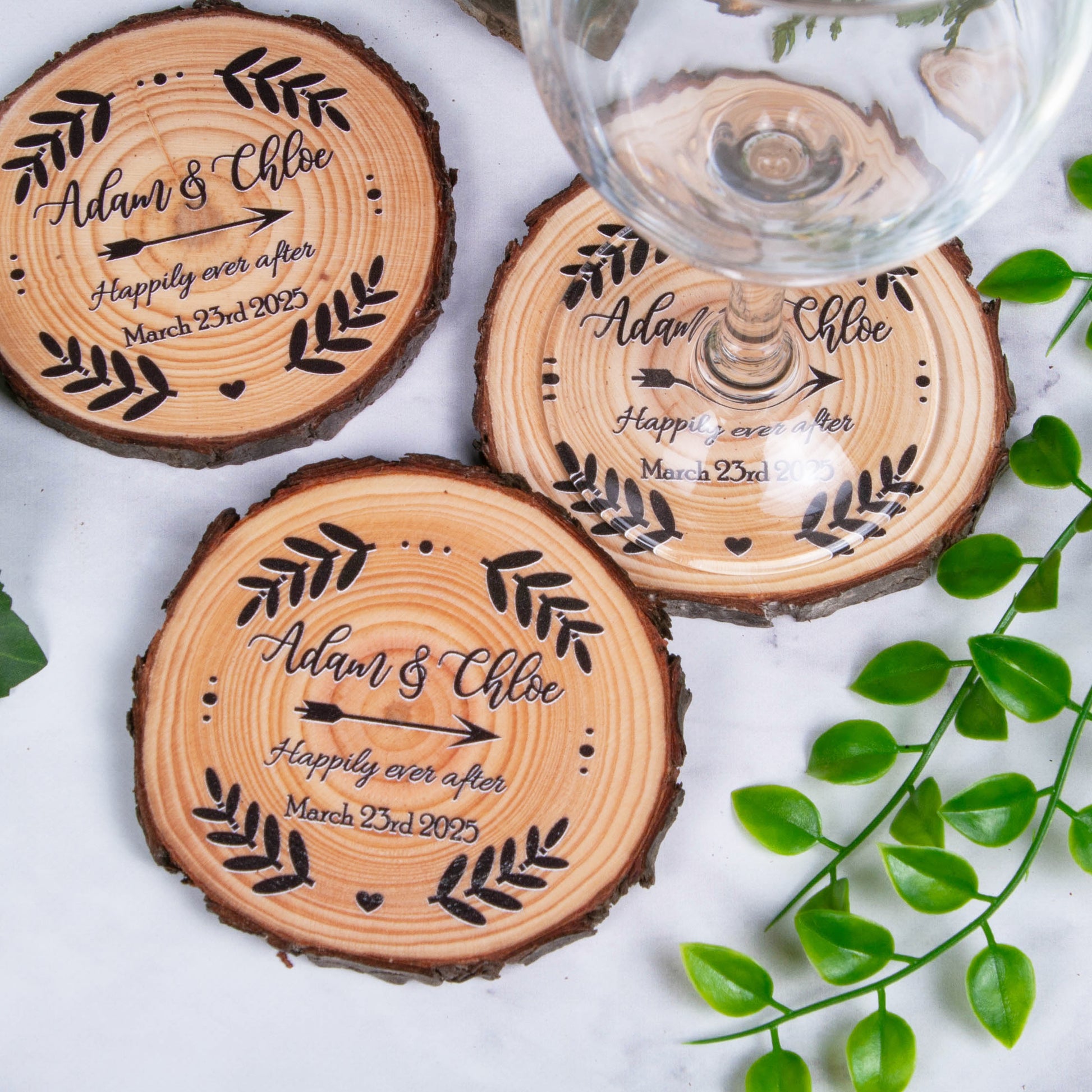 Wedding gift coasters made from tree slices