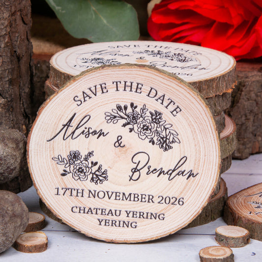 black and white save the date on wood slice magnet