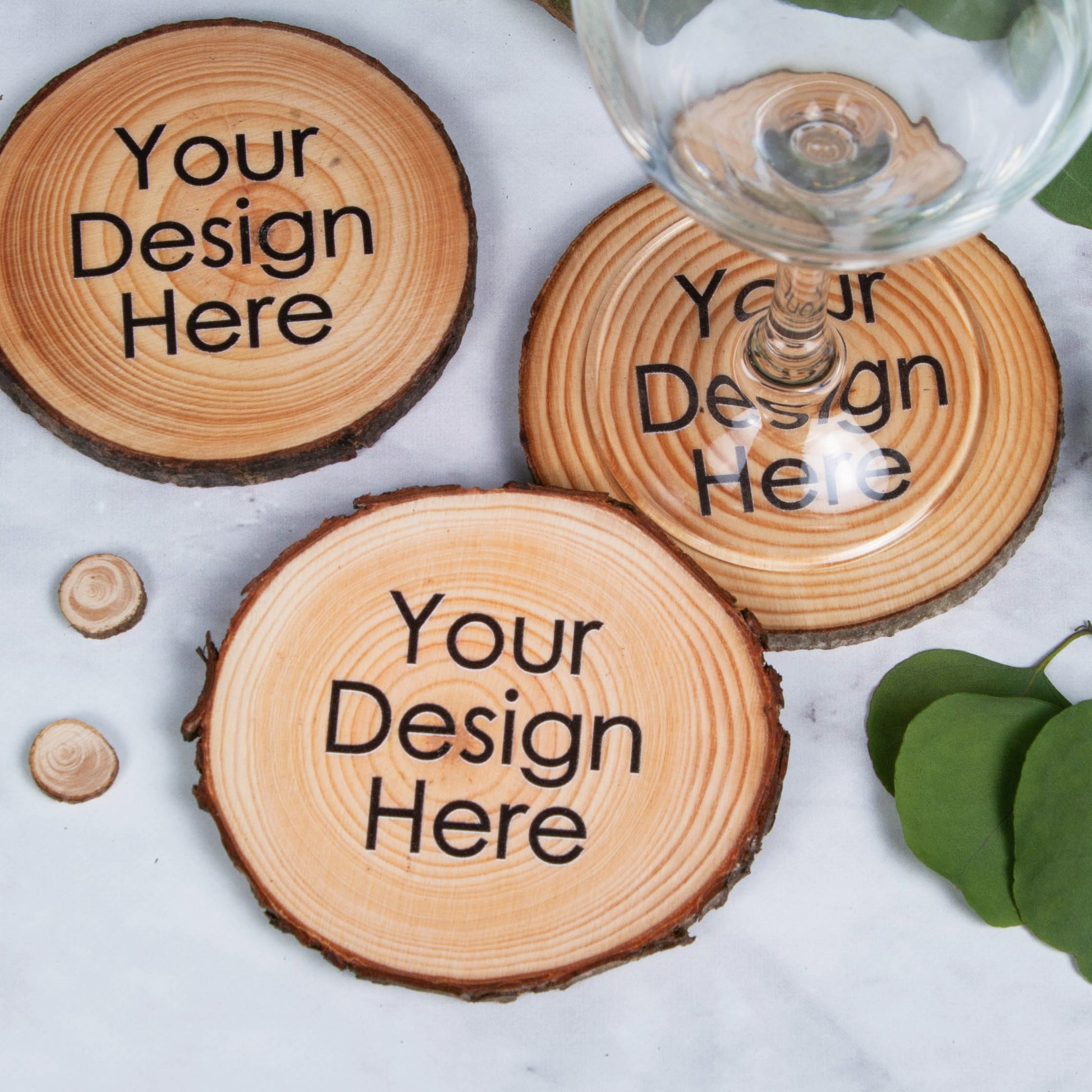 Wood slice coasters ready for personalisation for weddings