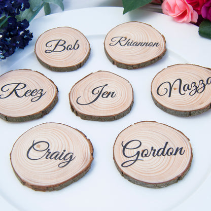 Wood slice place cards for unique rustic wedding