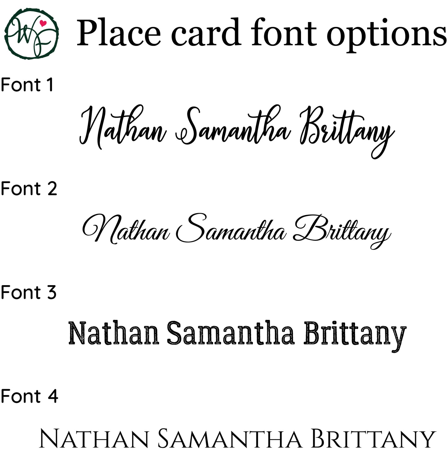 Font options for Wedding Forest wood slice place cards