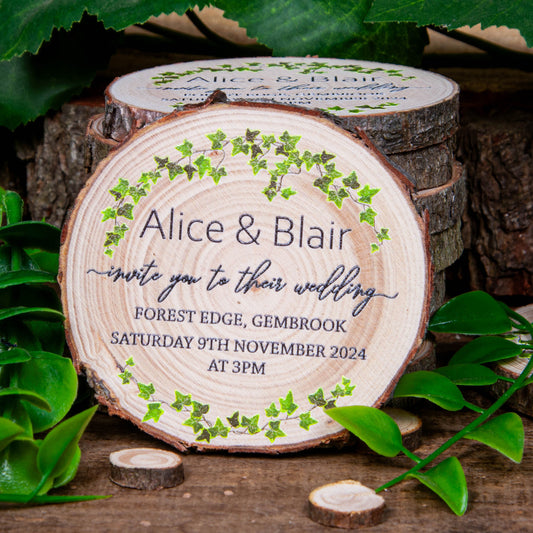 Ivy style wedding invition wood slice for a rustic wedding