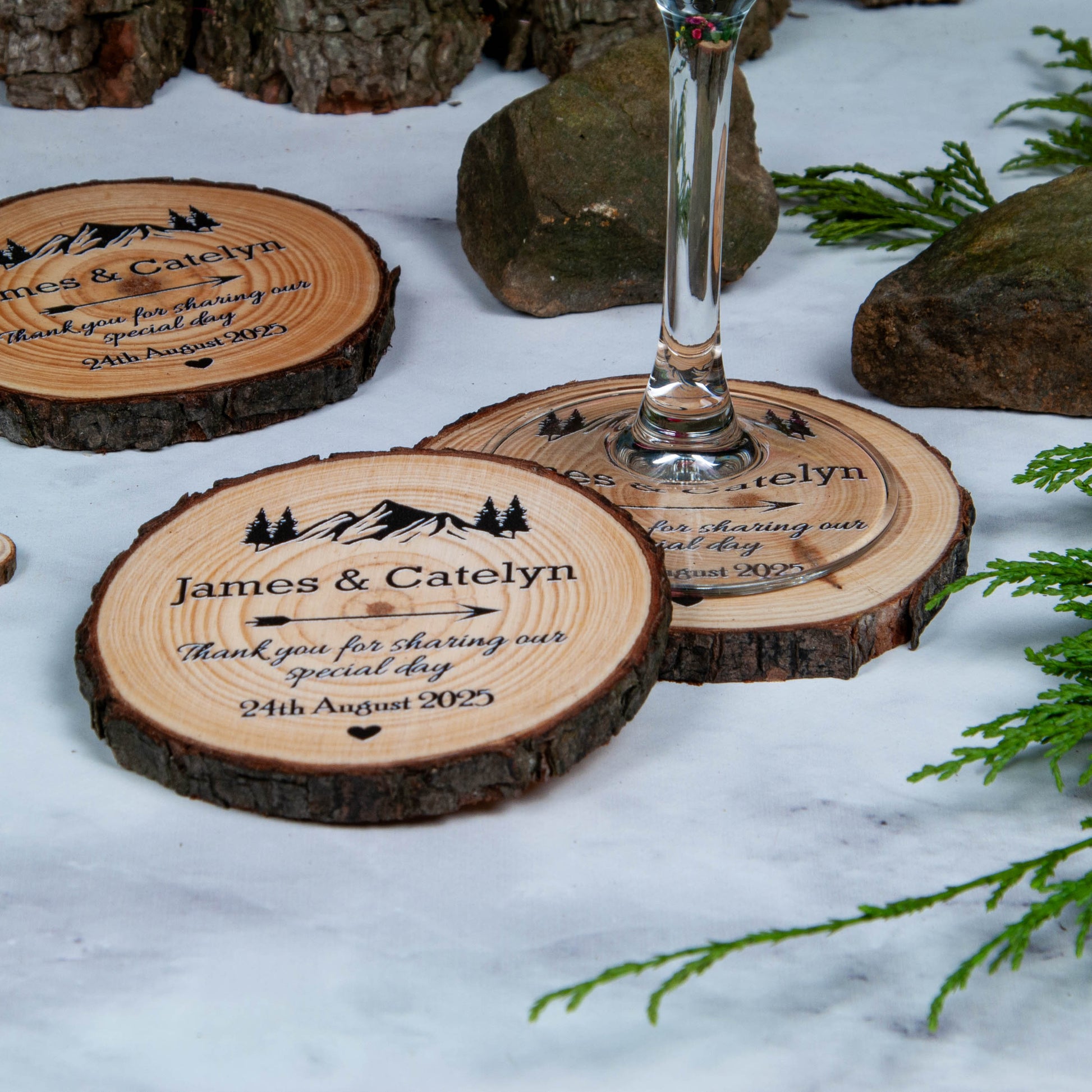 Wedding favour coasters with mountain design personalised