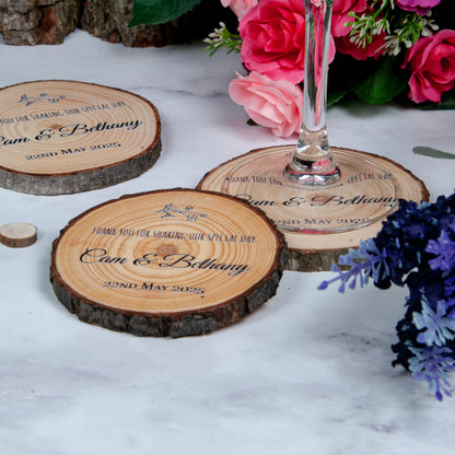 Custom wood slice wedding favor coasters