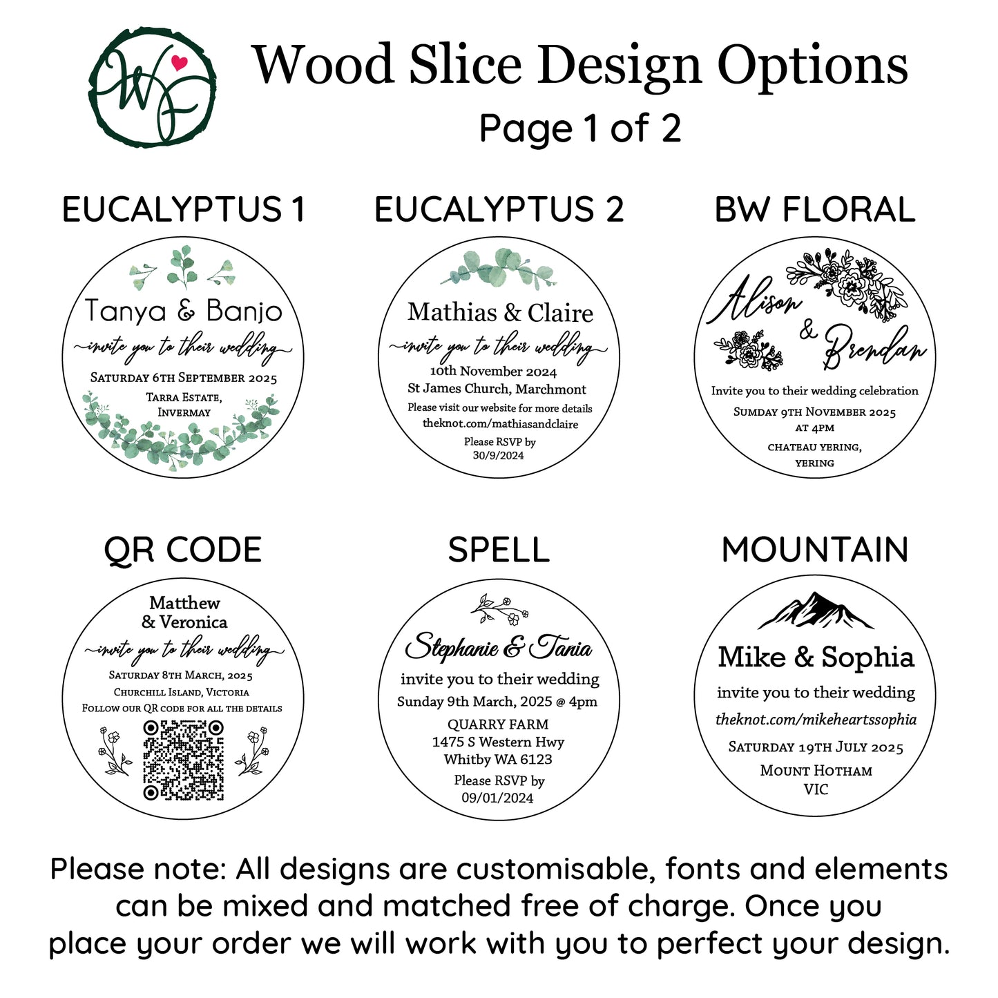 Page 1 of 2 of designs to choose from for wood slice wedding invites by Wedding Forest