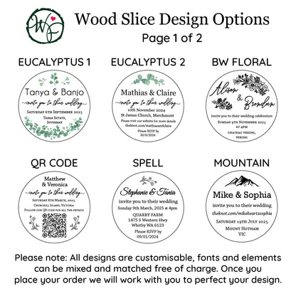 Page 1 of 2 of designs to choose from for wood slice wedding invites by Wedding Forest