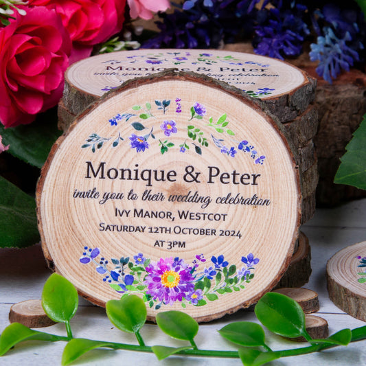 Floral design printed on wood slice to make a unique rustic wedding invitation