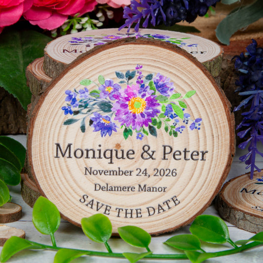 floral design wood slice save the date magnets