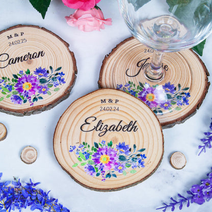 Tree slice coasters for wedding favours and gifts