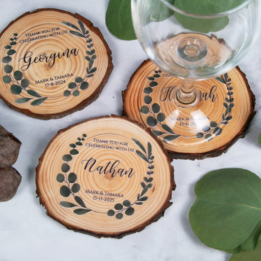 Unique wedding favour coasters, personalised wood slices