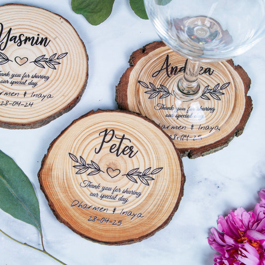 Personalised wood slice coasters for rustic wedding