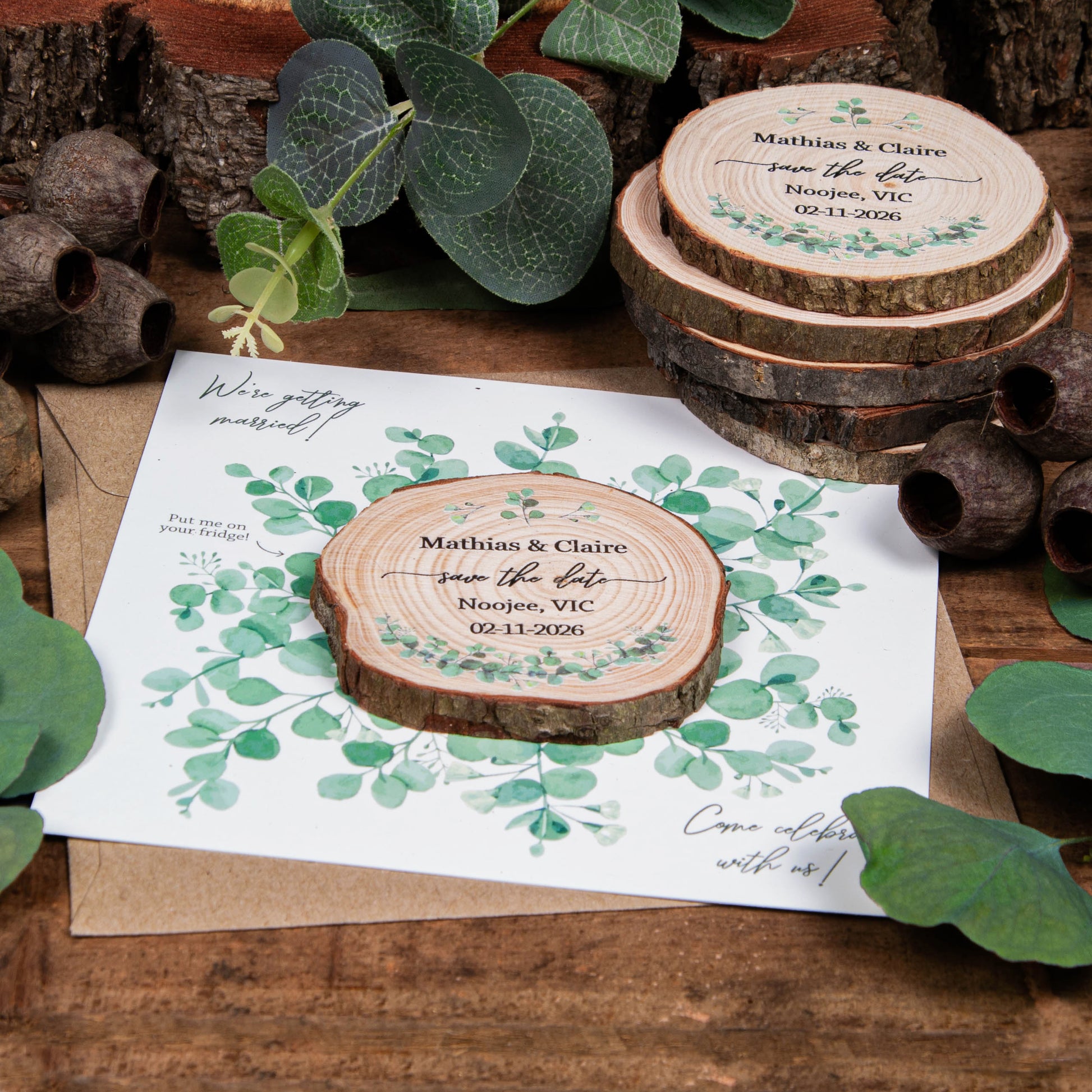 wood slice save our date magnets with eucalyptus card for weddings