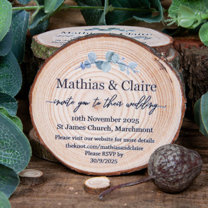 Unique wedding invitations wood slice with eucalyptus print