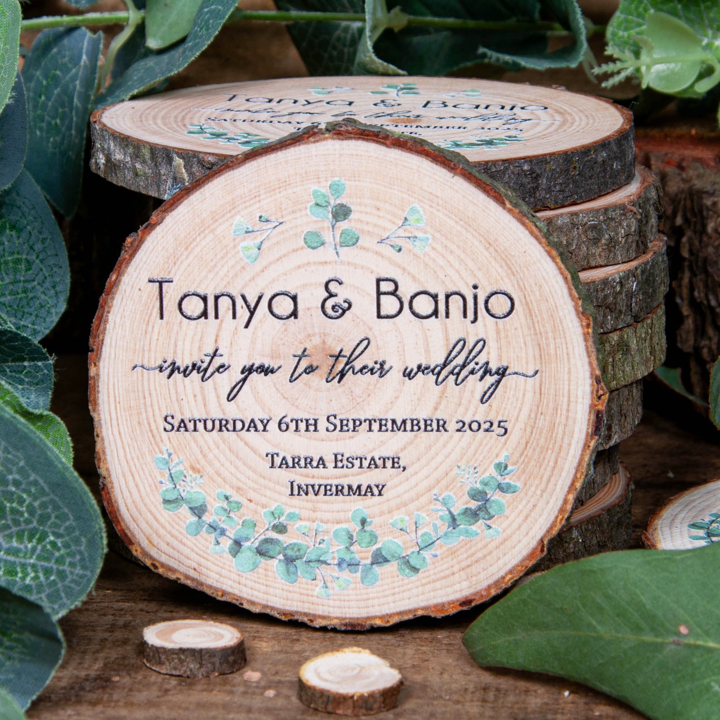 Australian eucalyptus design wood slice wedding invitations