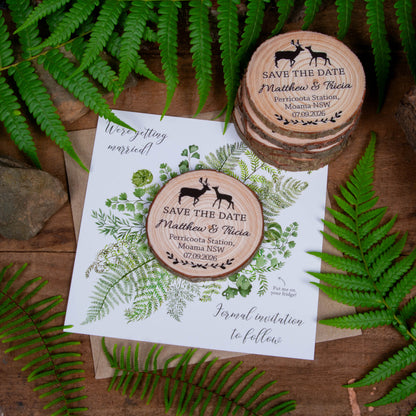 Wedding save the date wood slice magnet with fern design