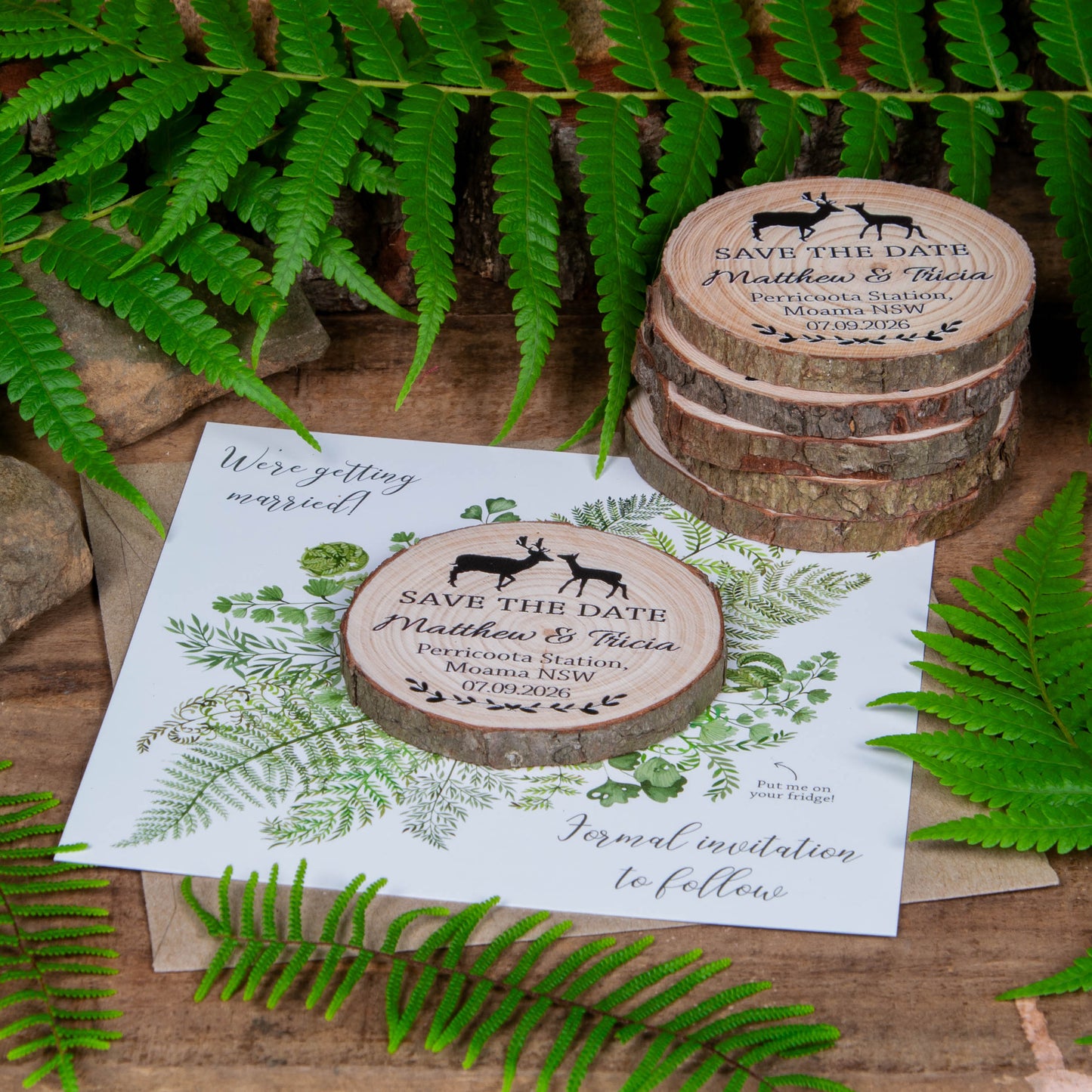 Unique save the date wood slice magnet with fern design