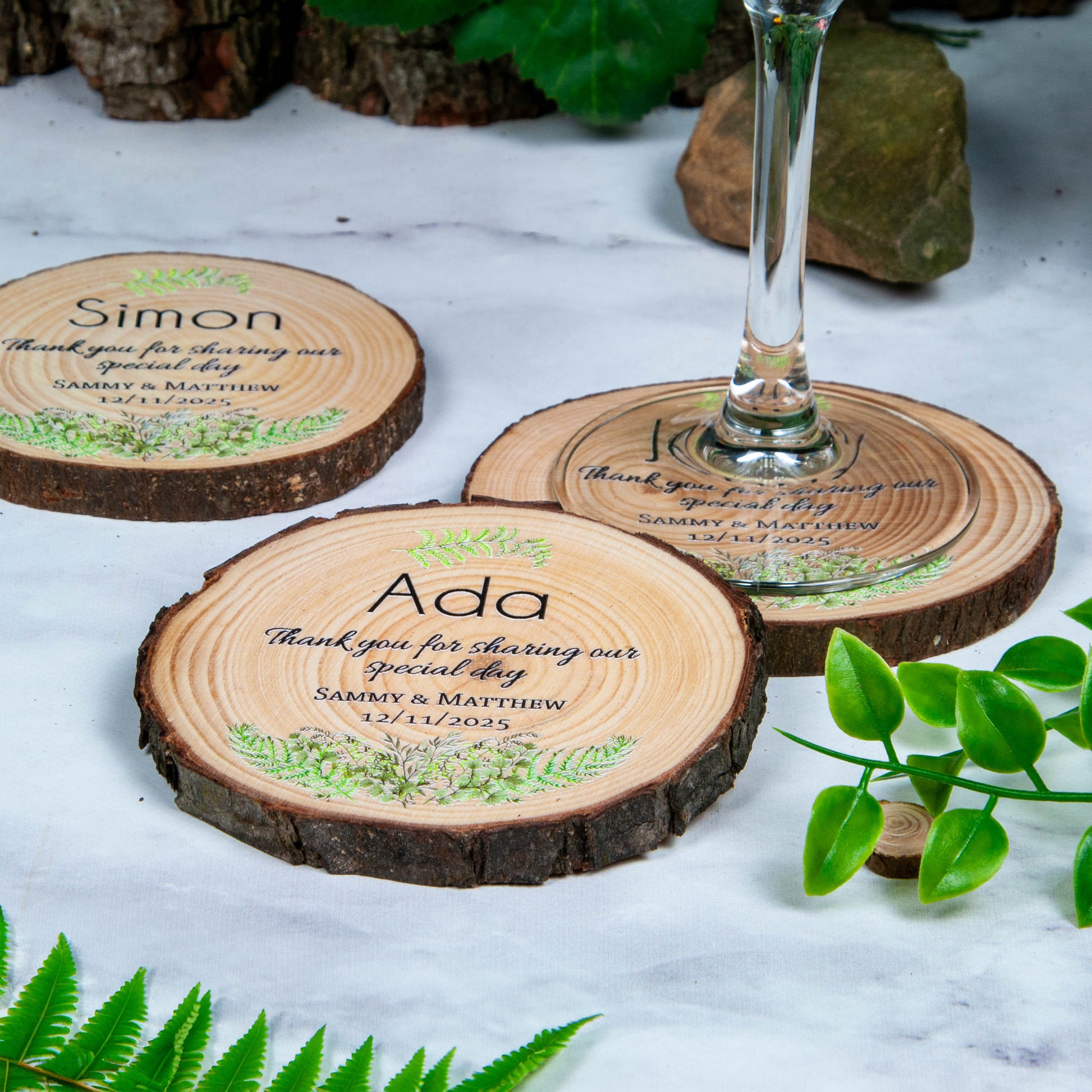 Unique personalised wood slice coasters for wedding favours