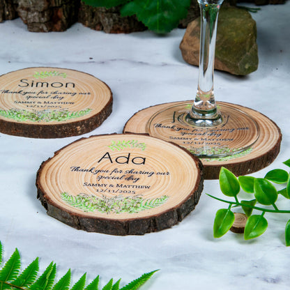 Unique personalised wood slice coasters for wedding favours