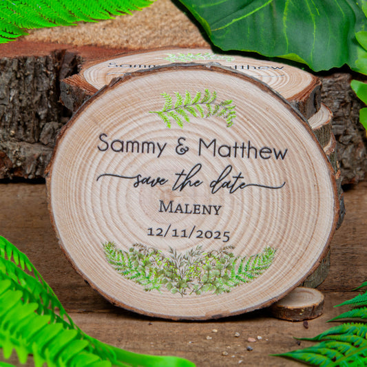 Save the date wood slice with fern design