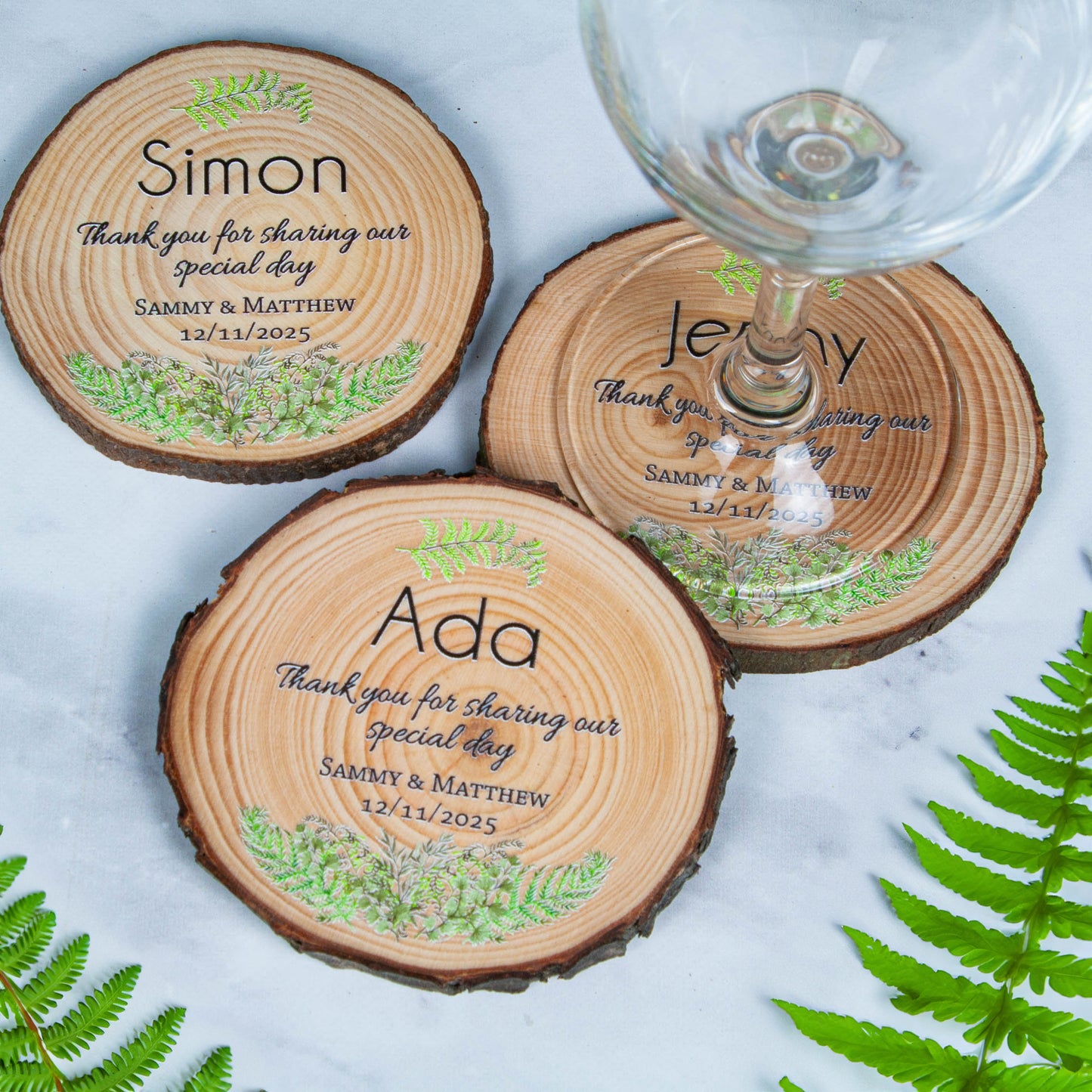 Wedding Favour coasters with fern design for forest weddings