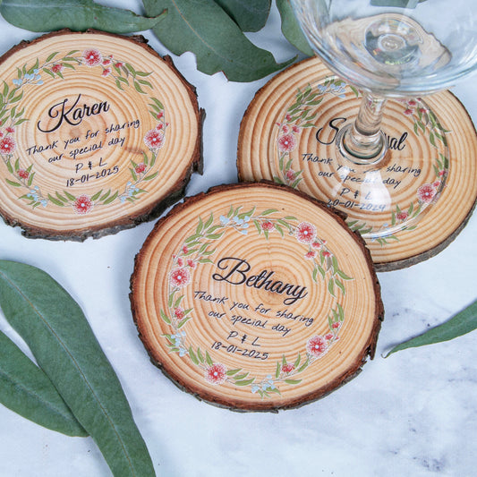 Unique Australian made wood slice coasters for wedding favours