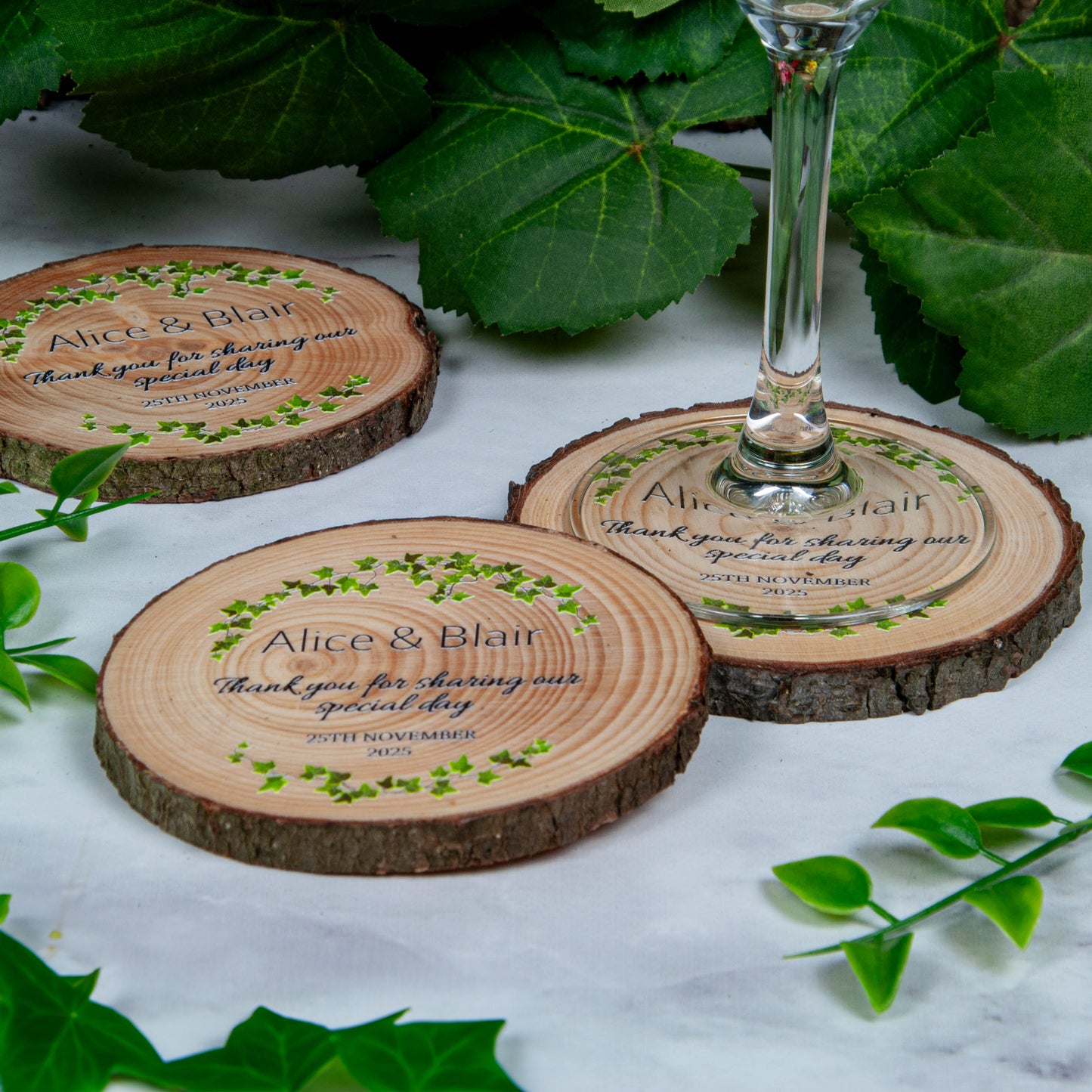 Wood slice wedding coaster with ivy design