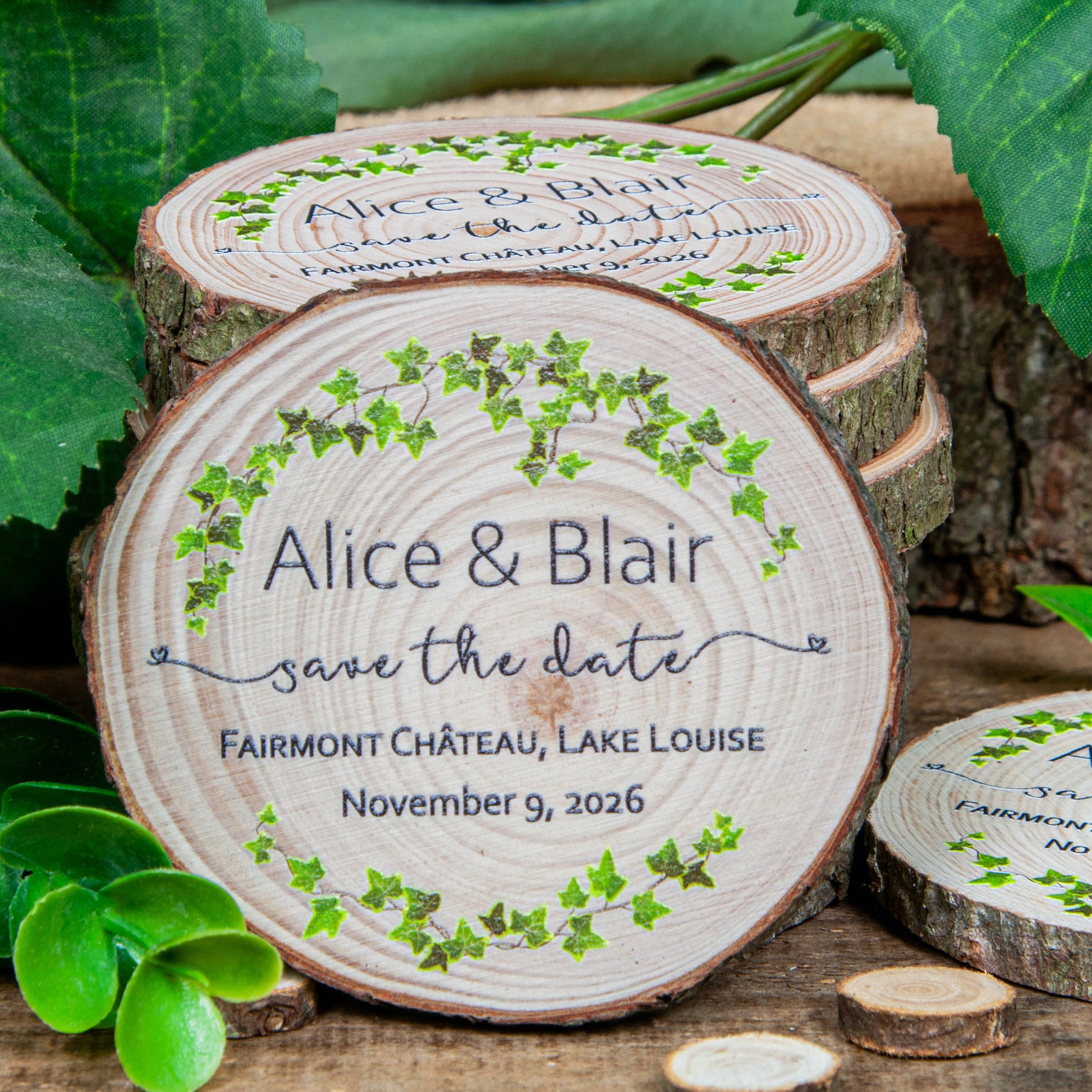 wood slice save the dates with ivy design