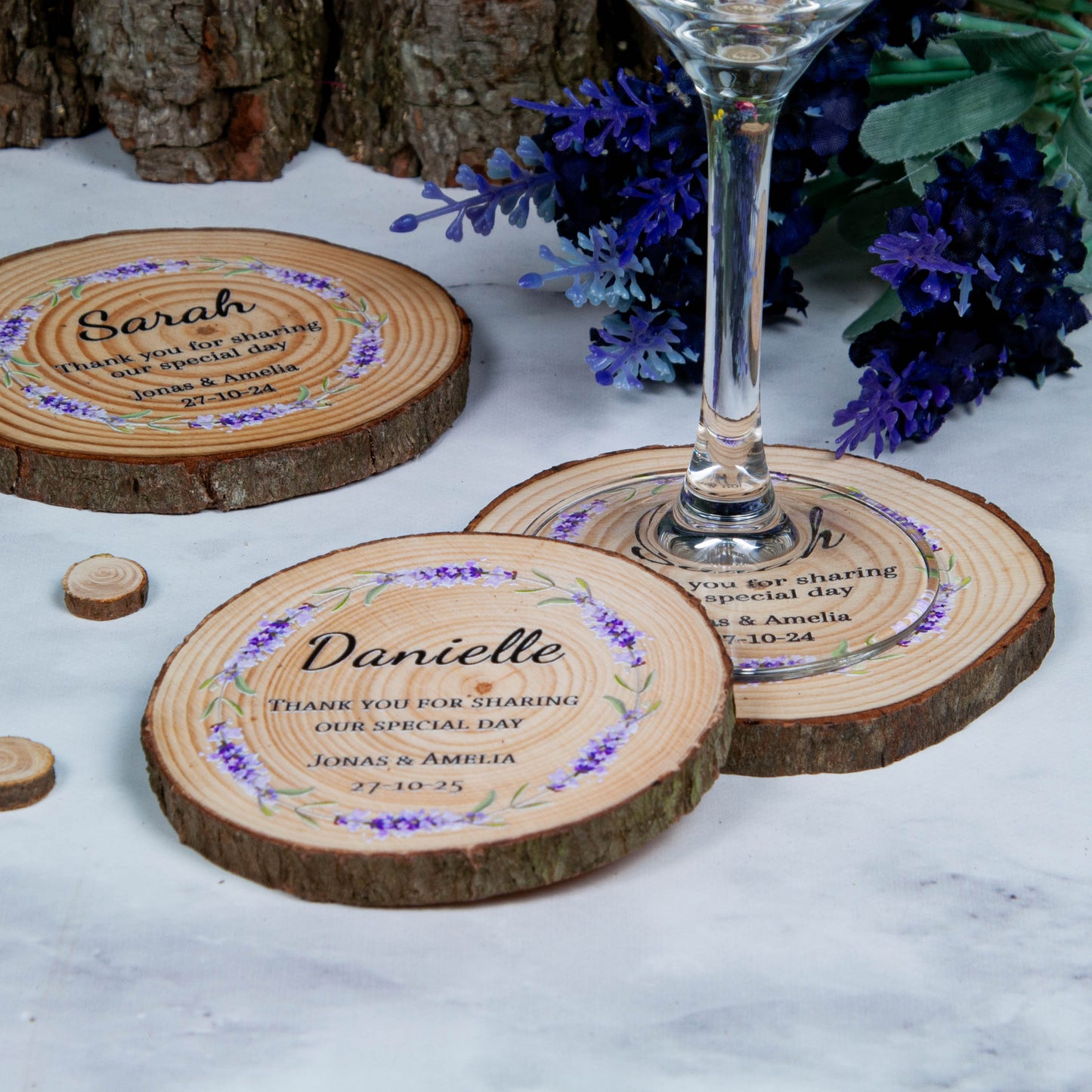 Lavender wedding favour coaster wood slices