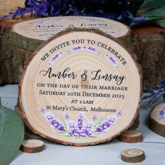 Personalised wood slice wedding invitations with lavender design