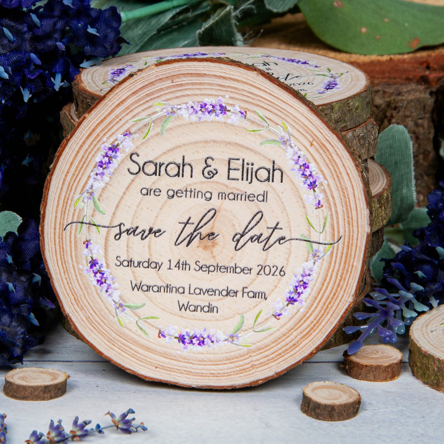 Save our date wood slice magnets with lavender design