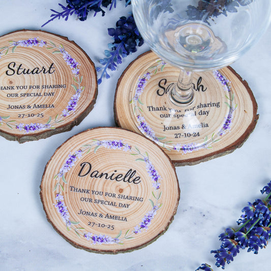 Wood slice wedding gift coasters with lavender design