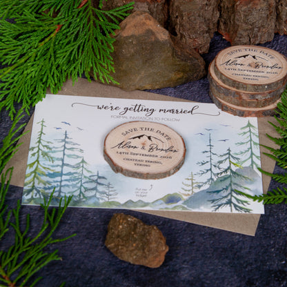 Save the date magnet wood slice with mountain style