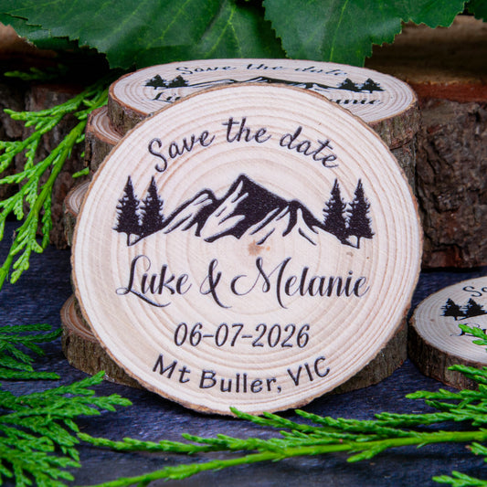 mountain save the date magnet wood slices