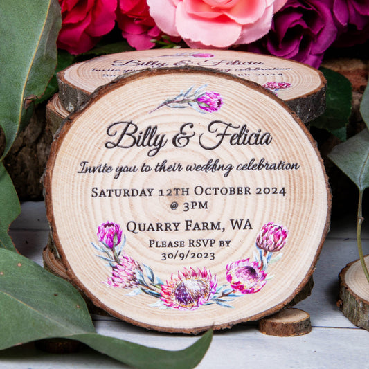 Protea design on wood slice as a unique wedding invitation