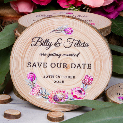 protea wedding save the date wood slice magnets