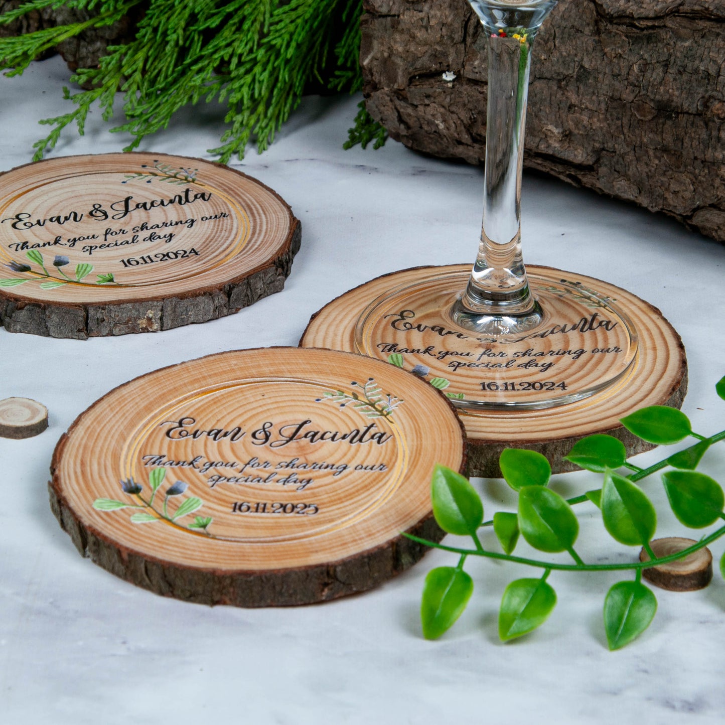 Modern rustic wedding favour coasters