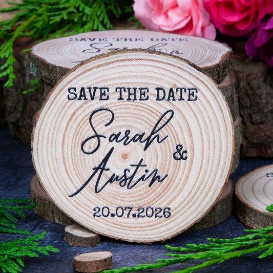 unique save our date wood slice magnets