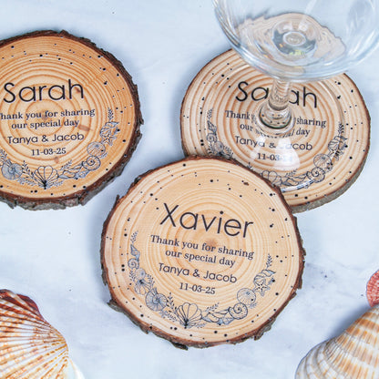 Sea shells design on wood slice coasters