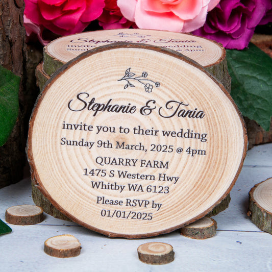 Unique wood slice wedding invitations