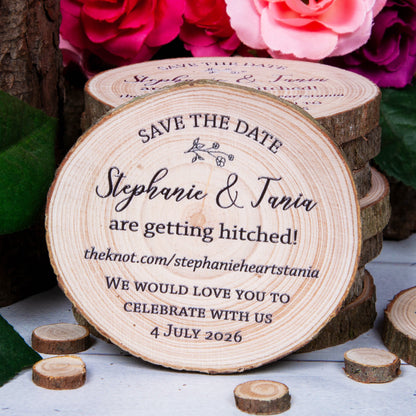 unique and rustic save the date magnets wood slice