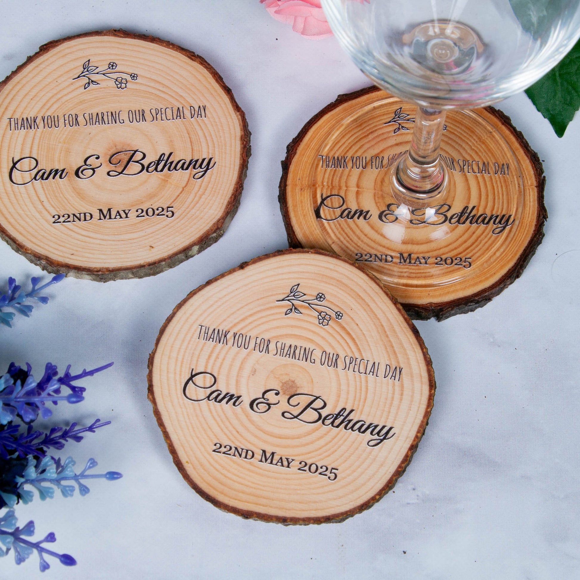 Unique wedding favours, wood slice coasters personalised