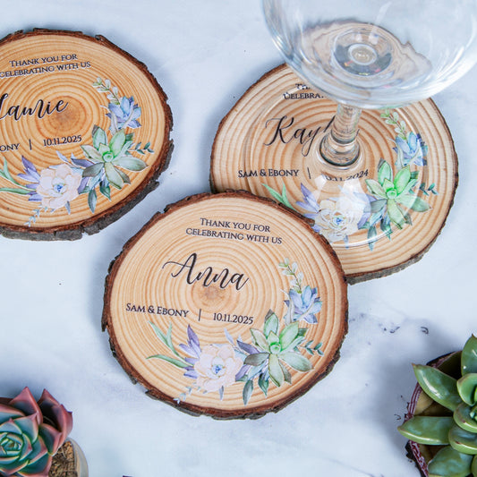 Wood slice coasters with succulent design