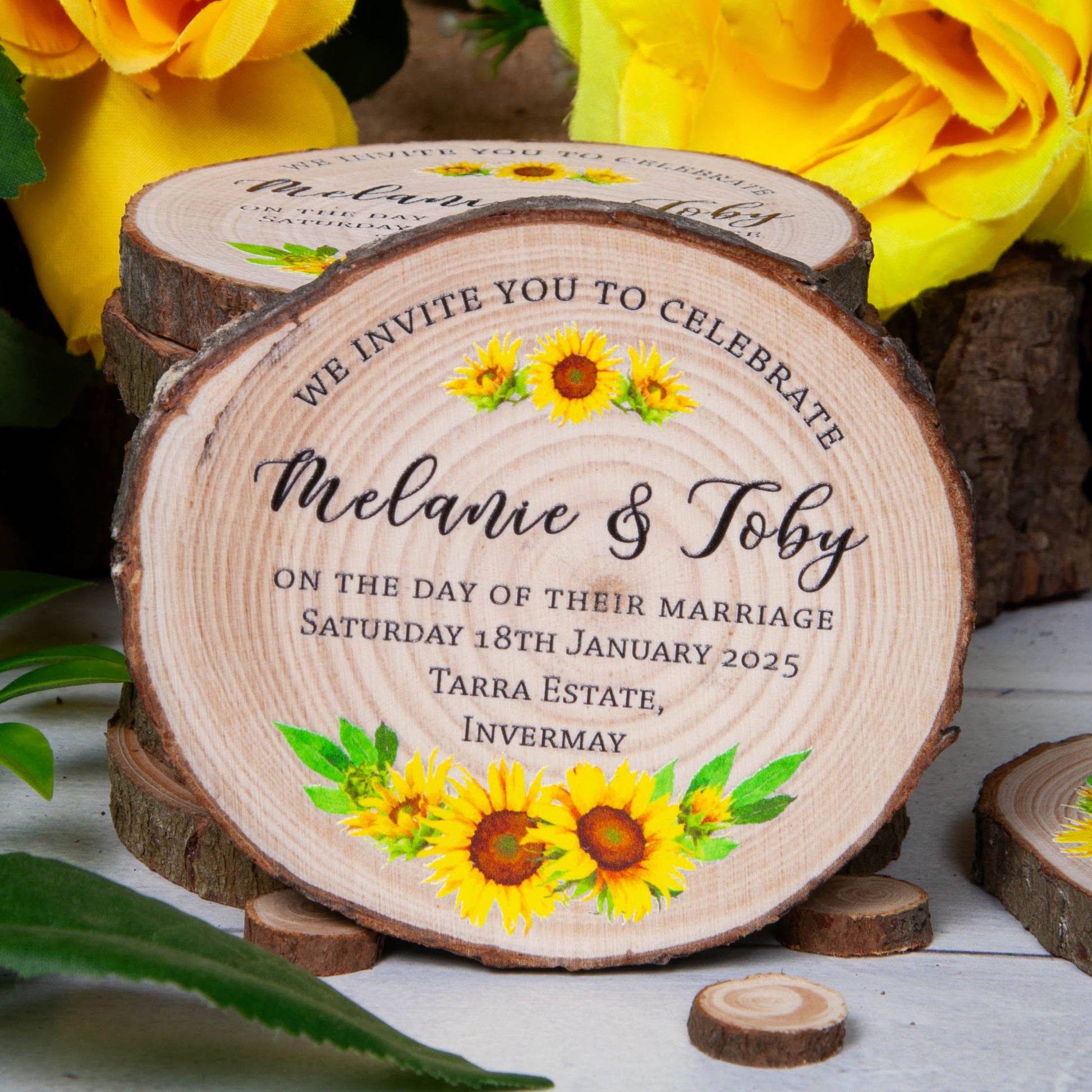 Wood Slice invitation wood slice with a sunflower design