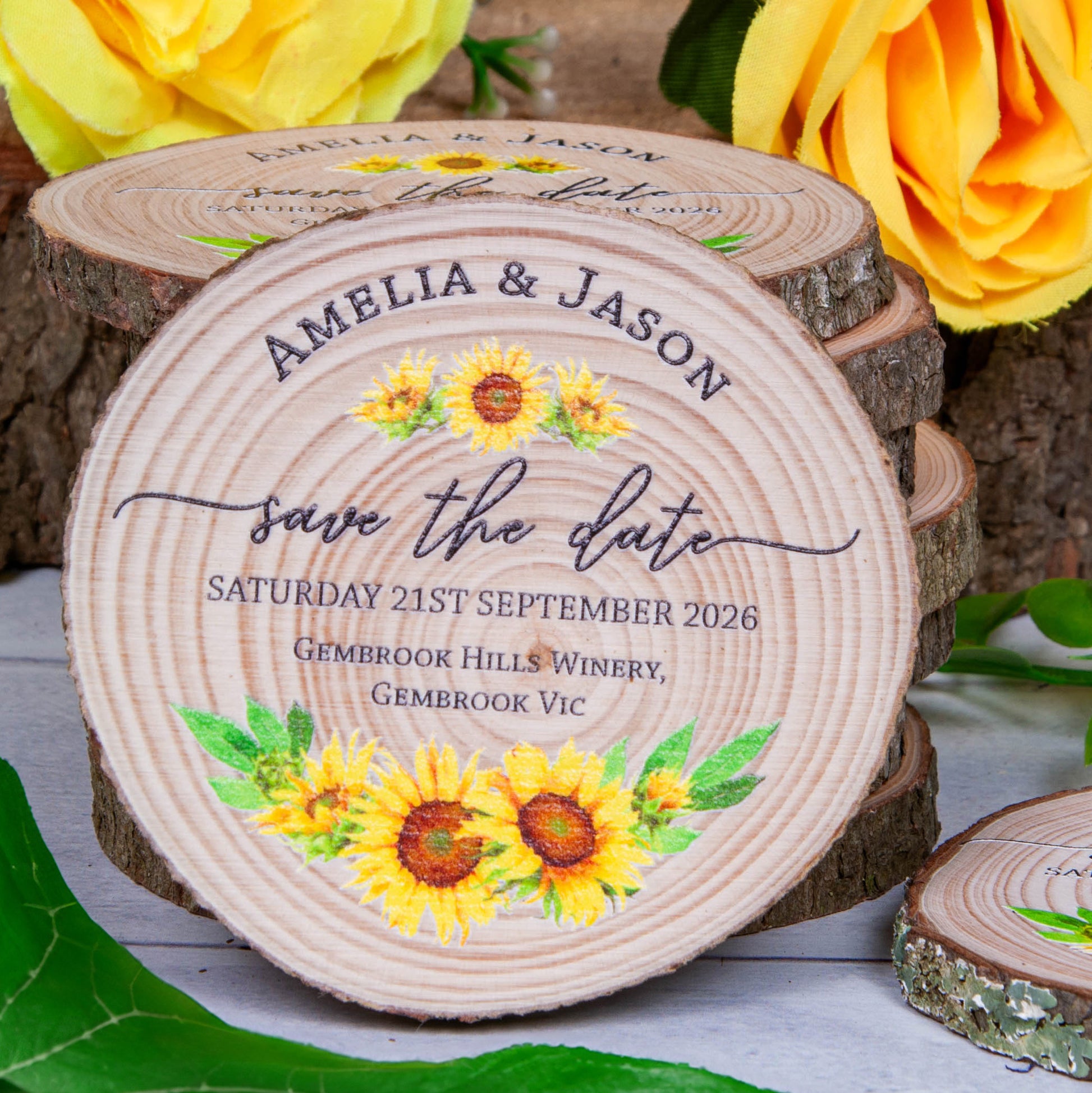 sunflower style save the dates on wood slice magnet