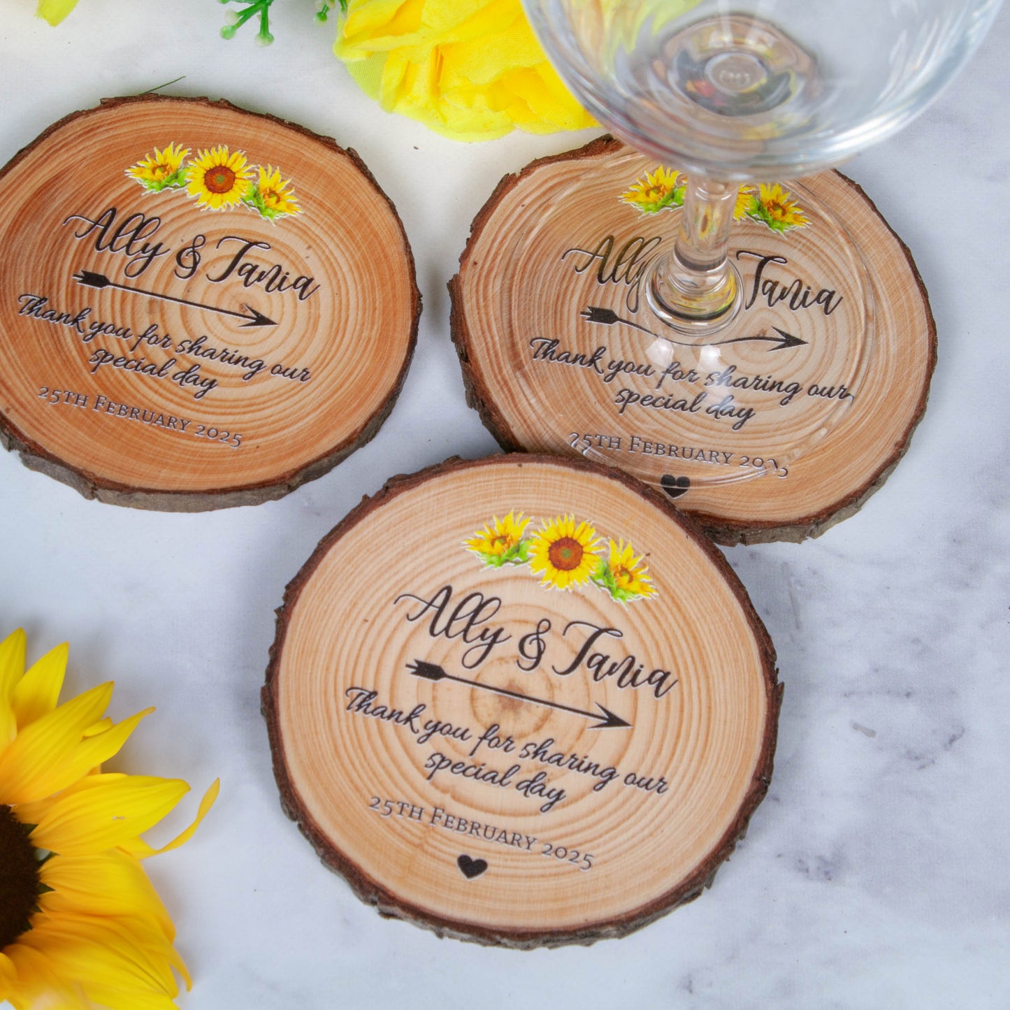 Personalised wedding favour coasters with sunflower design